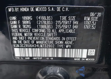 2020 Honda Hr-V Lx из США, поврежденный, VIN 3CZRU6H34LM732902